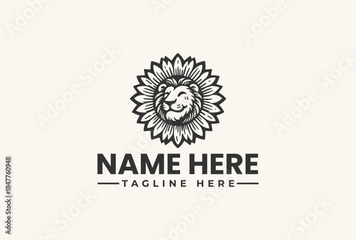 Black and white illustration of a lion's face in a sunflower logo with placeholder text on a beige background.
