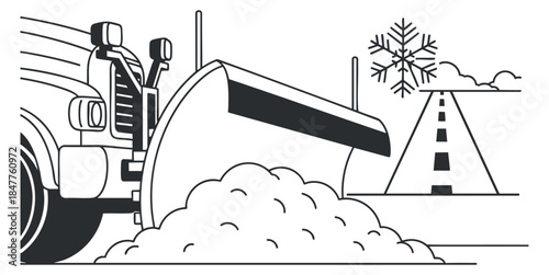 A snowplow truck clearing a snow-covered road in simple black and white outline vector style, ideal for winter service illustrations