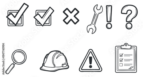 A collection of construction and safety icons including checkmarks, a cross, a wrench, a helmet, and a clipboard in minimalist vector style, ideal for safety manuals and industry guidelines