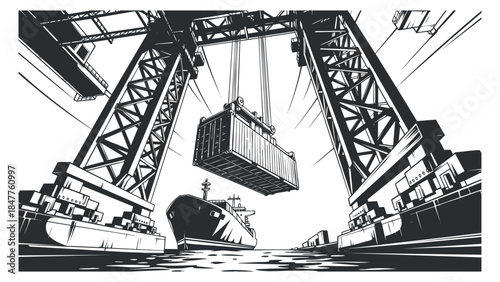 A detailed illustration of a shipping crane lifting a container above a cargo ship in black and white vector style, ideal for logistics and transportation themes
