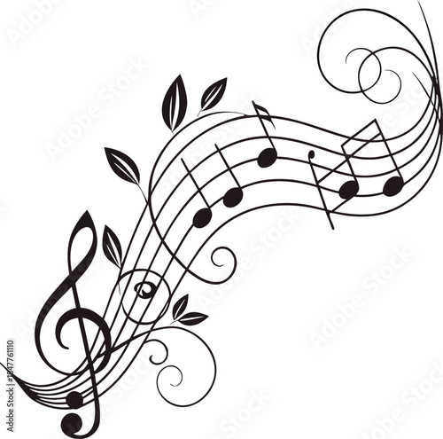 Musical note. Staff treble clef notes musician concept vector isolated on transparent background. Treble clef, notes and other music symbols, Musical rhythm concept
