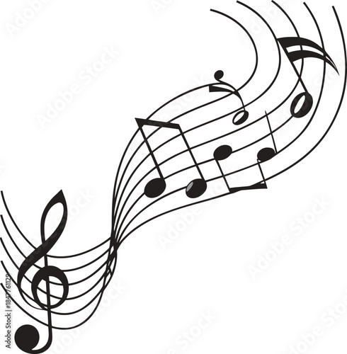 Musical note. Staff treble clef notes musician concept vector isolated on transparent background. Treble clef, notes and other music symbols, Musical rhythm concept