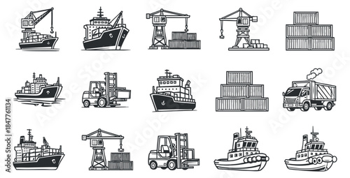 A set of shipping and cargo icons featuring boats, cranes, containers, and trucks in black and white outline vector style, ideal for logistics and transportation projects