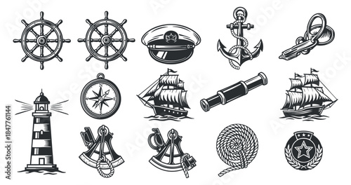 A collection of nautical and maritime icons including wheels, compasses, lighthouses, and ships in black and white vector style, ideal for marine-themed designs