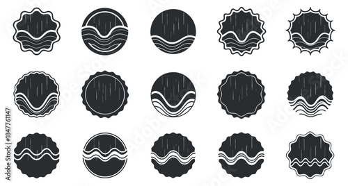 A collection of decorative badge and seal icons in black and white outline vector style, ideal for branding and identity design