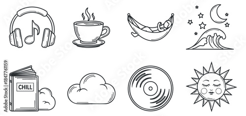 A collection of relaxing icons including headphones, coffee cup, hammock, waves, sun, and clouds in minimalist outline vector style, perfect for lifestyle and wellness branding