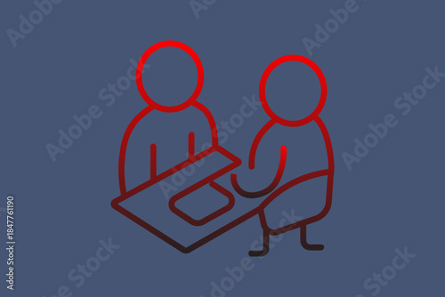 The image is a stylized, minimalist line art icon on a dark blue background. It features two simplified figures, outlined in a glowing red color, seated at a desk or table.