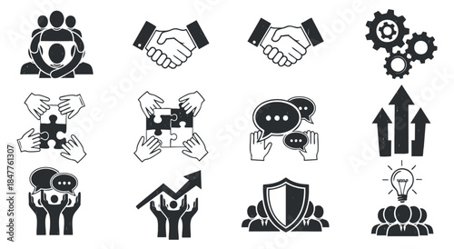 A collection of teamwork and collaboration icons in black and white vector style, suitable for business presentations and branding