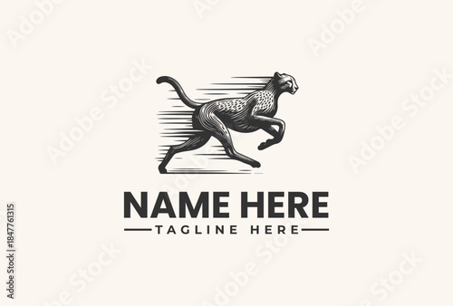 A black and white illustration of a cheetah in motion with a placeholder text for a name and tagline on a beige background, featuring a vector logo design.