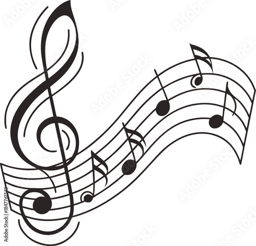 Musical note. Staff treble clef notes musician concept vector isolated on transparent background. Treble clef, notes and other music symbols, Musical rhythm concept