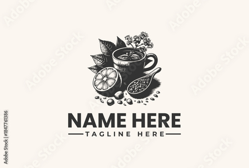 Black and white vector illustration of a coffee cup with fruit and leaves on a beige background, logo design with placeholder text.