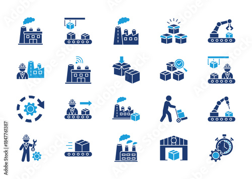 Factory thin line icon set. Containing production, industry, product, machine, worker, smart factory, packaging, quality control