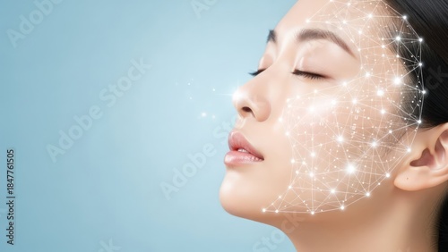 Serene profile of an Asian woman with closed eyes, illuminated by a glowing facial network, on blue