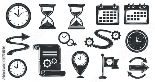 A collection of clocks, hourglasses, calendars, and arrows in black and white vector style, ideal for time management and planning projects