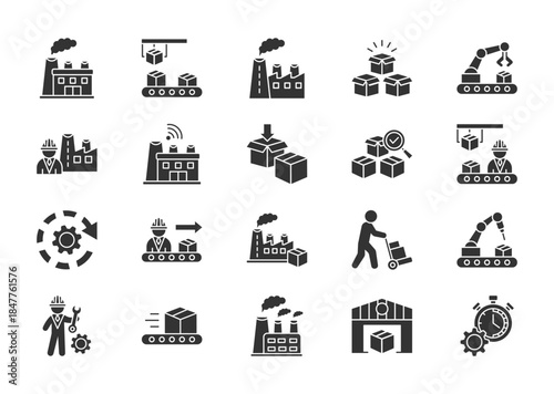 Factory thin glyph icon set. Containing production, industry, product, machine, worker, smart factory, packaging, quality control