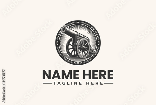A black and white illustration of a cannon logo with a circular border and placeholder text on a beige background, featuring a vector design with a tagline.