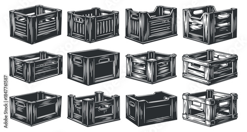 A set of vintage wooden crates in hand-drawn black and white vector style, ideal for agricultural and market designs