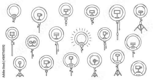 A collection of various ring lights with cameras in minimal outline vector style, ideal for photography and video production projects