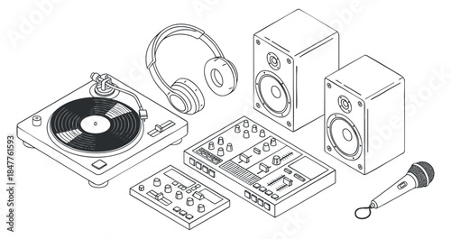 A collection of DJ equipment including a turntable, headphones, speakers, and a microphone in minimalist outline vector style, ideal for music-related projects
