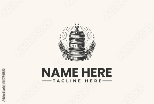 Black and white vector illustration of a beer barrel logo with leaves on a beige background, with a placeholder name and tagline.