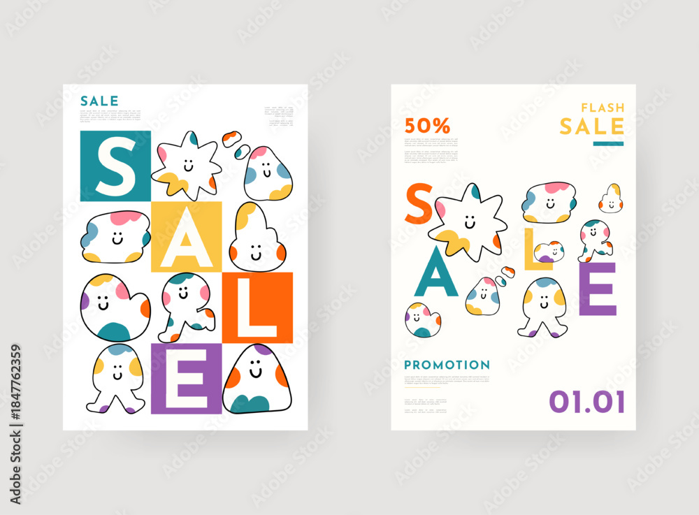 Fototapeta premium Playful flash sale advertisement posters with whimsical cartoon characters. Modern design for social media, print, poster, ads, banner, cover.