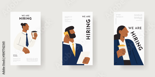 We are hiring poster set with business people flat design illustration