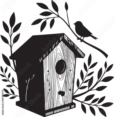 Wooden birdhouse in garden with small hole and roof surrounded by trees and nature solid white background silhouette