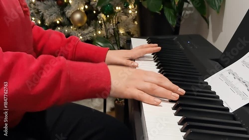 Elegant hands of pianist playing piano near Christmas tree during festive concert