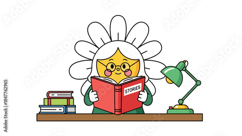 Cartoon flower character wearing glasses reading a book