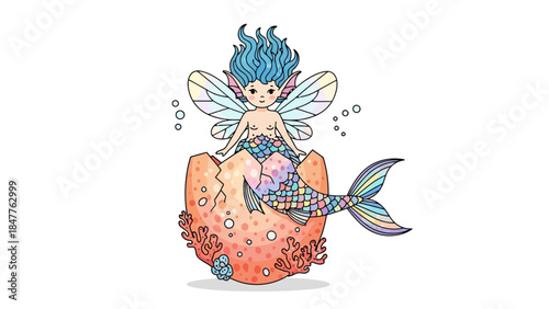 Cartoon mermaid with blue hair and fairy wings emerging from an egg