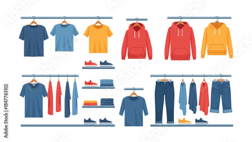 Clothing racks with various apparel and footwear