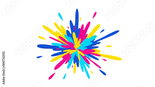 Colorful paint splashes explode outwards against a white background