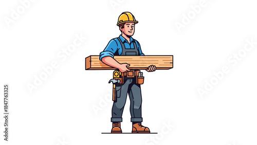 Construction worker in hard hat carrying lumber