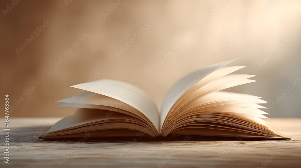 Fototapeta premium An Open Book on a Wooden Surface with Soft Lighting.