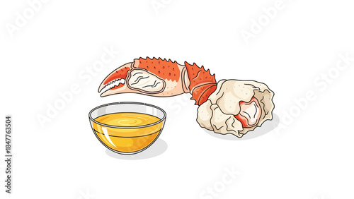 Crab leg and bowl of melted butter on white background