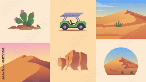 Desert landscape elements, vector illustration set, nature and arid environment