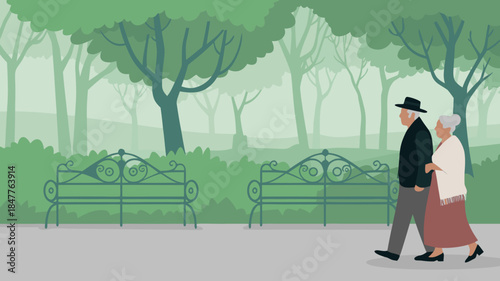 Elderly couple enjoying a serene walk in a tranquil park environment