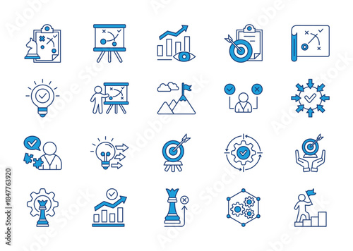 Strategy thin blue icon set. Containing tactics, vision, objective, roadmap, blueprint, solution, plan, mission