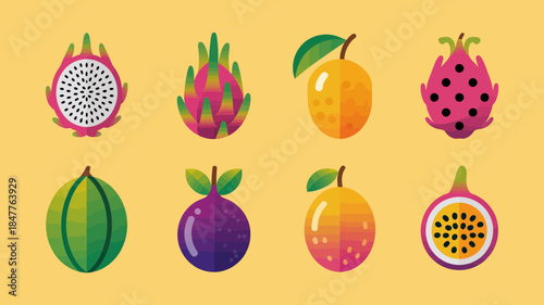 Geometric tropical fruits collection, modern flat design illustrations