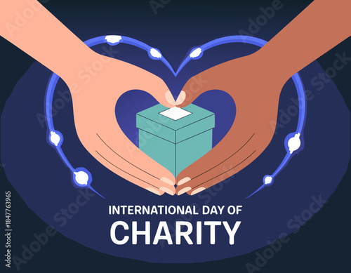 International Day of Charity, diverse hands creating a heart shape with donation box
