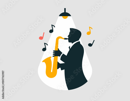 Man playing saxophone under spotlight, jazz music performance illustration