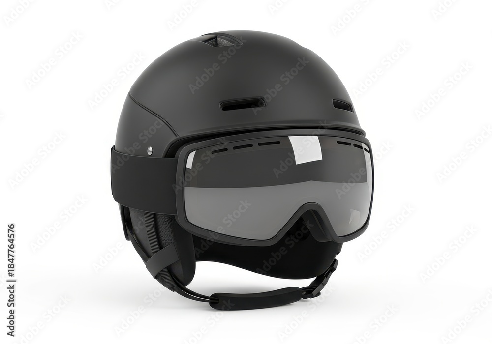 Fototapeta premium Sleek matte black winter sports helmet paired with protective eyewear is isolated on white