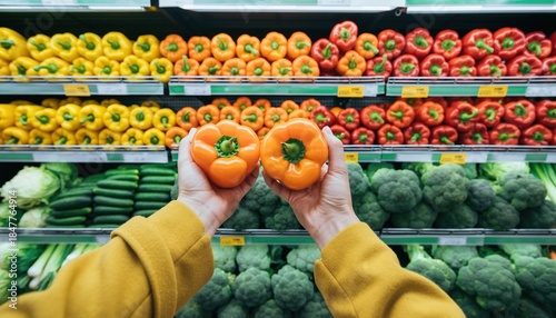 Fototapeta Naklejka Na Ścianę i Meble -  Person holding two orange bell peppers in front of a grocery store produce aisle.