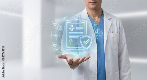 Medical professional in white coat with futuristic digital health icons representation