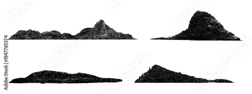 A set of black vector silhouettes of islands of various shapes. Black and white graphic image of an island. Panorama of an island, hill, and mountain, isolated on a white background.