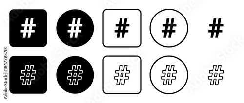 Icon set of hash symbol. Filled, outline, black and white icons set, flat style.  Illustration on transparent background