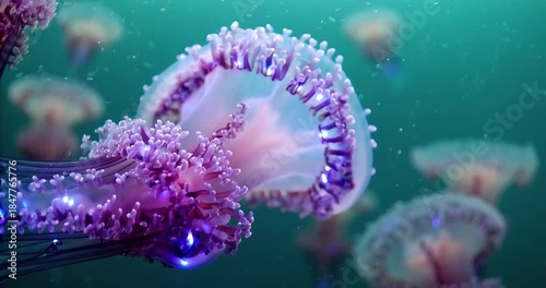 Alien Like Bioluminescent Siphonophore Chain Undulating in Teal Void with Soft Bokeh. Deep Underwater Life Concept.