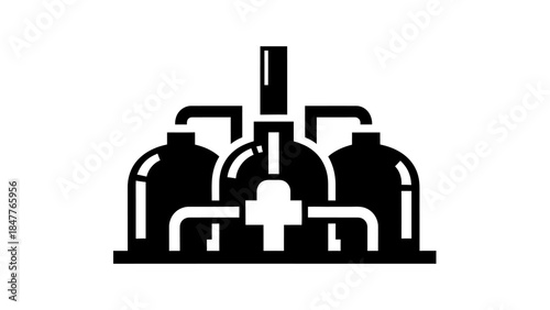 Minimalistic black and white industrial machine icon representing engineering equipment design