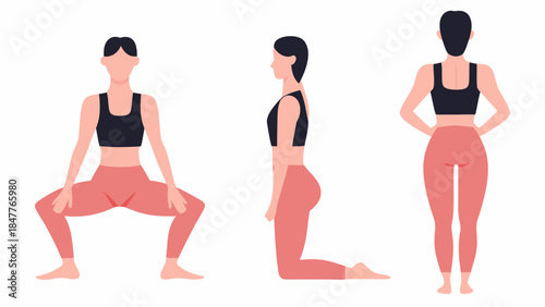 Three views of a woman in athletic wear demonstrating different yoga poses on a white background design