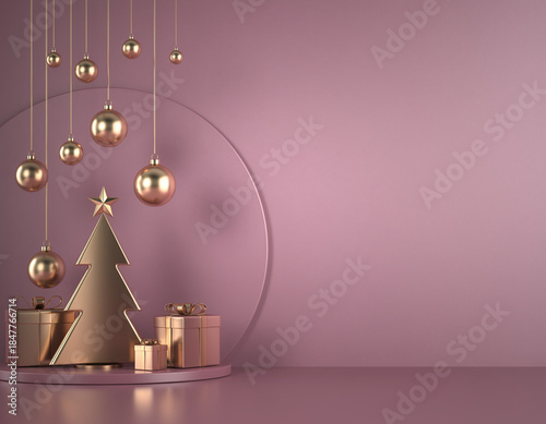 Różowo-złote tło świąteczne z choinką, prezentami i bombkami